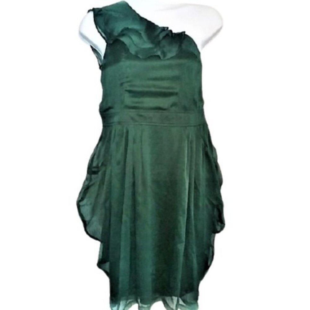 Day & Night One Shoulder Cocktail Dress Large Green Ruffle Chiffon Party NWT